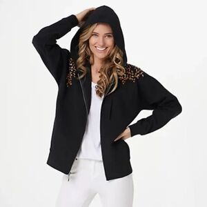 The Muses Lounge Hooded Embellished Sweatshirt Front Zipper Sweater Stretch XS